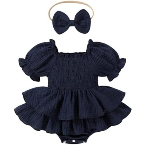 Happy Town Baby Girl Clothes Infant Summer Romper Dress Ruffle Short Sleeve Jumpsuit with Headband Cute Toddler Outfits