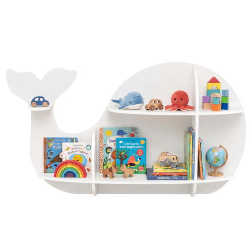 Costway 1 PCS Whale-shaped Wall Shelf with 6 Open Shelves for Kid’s Room Living Room Nursery White