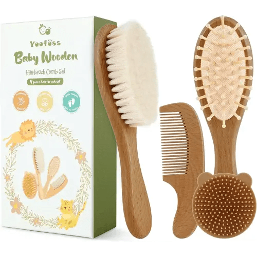Yoofoss 4 Piece Baby Hair Brush and Comb Set, Wooden Baby Hair Brush with Natural Ultra Soft Goat Hair, Baby Comb Set for Boy, Girl - Walnut