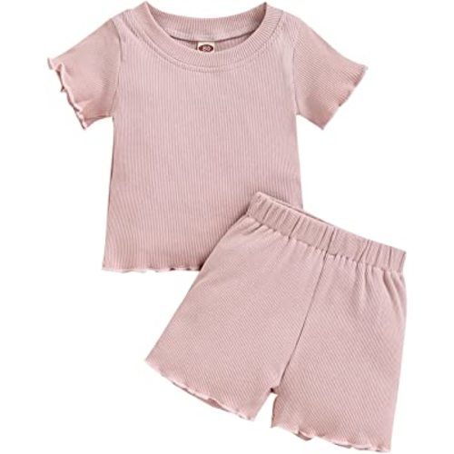 Toddler Baby Girl Summer Clothes Ribbed Knit Cotton Cute Summer Outfits Short Sleeves 2 Pieces Shorts Set 12M - 5T