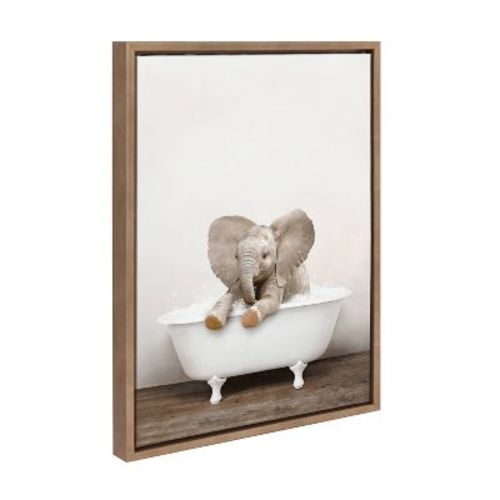18" x 24" Sylvie Baby Elephant No 6 Rustic Bath Framed Canvas by Amy Peterson Gold - Kate & Laurel All Things Decor: Vertical Digital Art