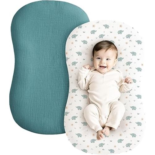 Konssy Muslin Baby Lounger Cover 2 Pack, 100% Cotton Newborn Lounger Cover, Soft and Breathable Lounger Cover for Boys Girls, Covers Only (Elephant,Teal)