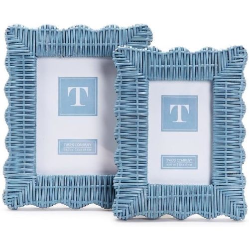 Two's Company Handmade Blue Rattan Photo Frame Set - 4x6 & 5x7 Wooden Boho Picture Frames