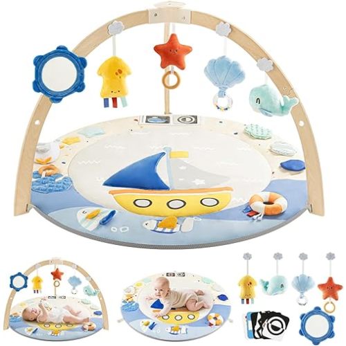 BG-BABYGO Baby Play Gym Activity Mat, 5 Developmental Zones Wooden Tummy Time Mat with 7 Detachable Sensory Toys for Motor Skills & Sensory Development, Baby Essentials Shower Gift, Easy to Install