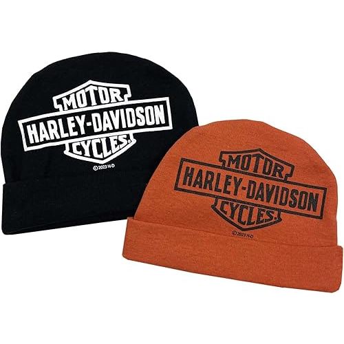 Harley-Davidson Baby Boys' 2 Pack Bar & Shield Rib Knit Beanies, Black/Orange