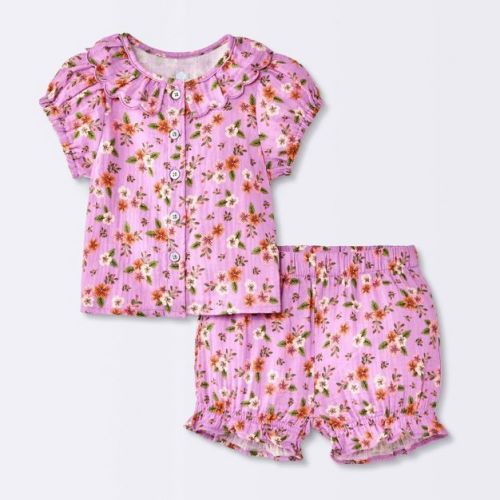 Baby Girls' Floral Scallop Collar Short Sleeve and Shorts Set - Cloud Island™ Purple 6-9M