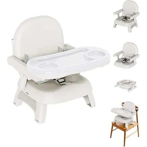 Booster Seat for Kitchen Chair, 3-in-1 Foldable & Portable Booster Seat with Tray, Extra Dishwasher-Safe Tray, Safety Straps for 6–18M (Up to 30 lbs), for Dining Table, Travel & Camping, Gray