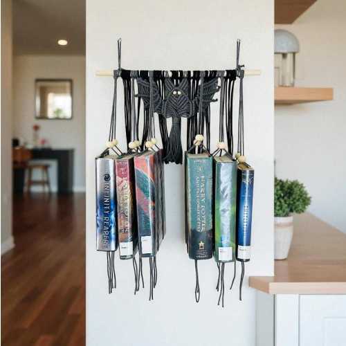 Gothic Macrame Bat Bookshelf: Witchy Wall Decor for Halloween