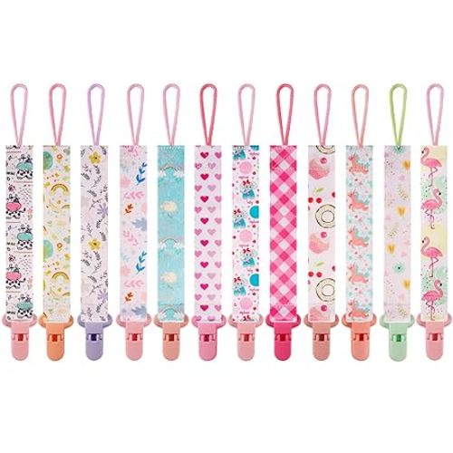 12 Pack Pacifier Clips with Strap 25.5cm - Premium Polyester Baby Pacifier Holder Set, Multi-Design Clips for Girls Boys（Multi Color B）