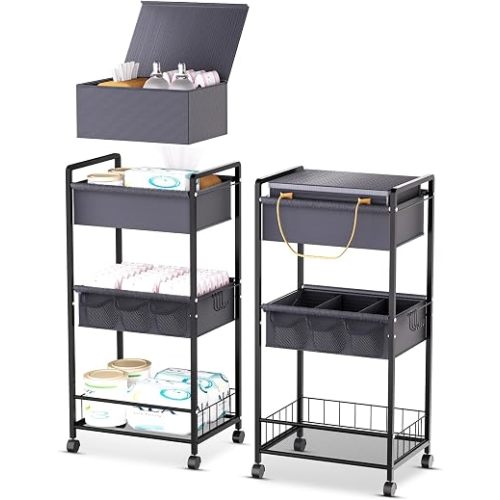 2IN1 Baby Diaper Caddy Organizer-3 Tier Rolling Storage Cart with Dividers