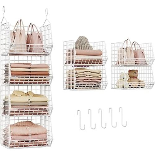 X-cosrack 4 Tier Closet Hanging Organizer, Foldable Closet Shelving with 2 Hanging Hooks 5 S Hooks, Wire Storage Basket for Wardrobe Laundry Room, for Clothing Sweaters Shoes Handbags Patent-White