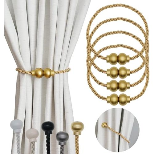 4 Pack Magnetic Curtain Tiebacks Modern Handmade Rope Curtain Tie Backs Decorative Drapes Weave Holdbacks for Home Outdoor Bedroom Office Decorative Curtain, Gold