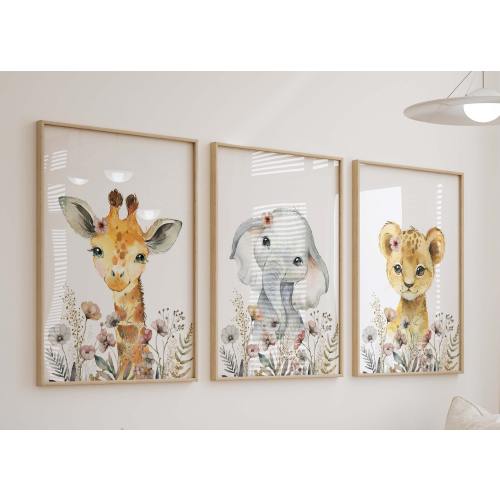 Boho Wildflower Safari Watercolor Prints, Neutral Animal Floral Nursery Wall Art, Safari Girl's Room Decor, Set of 3 Art Prints Shipped, 216