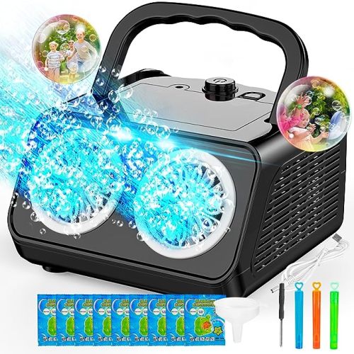 SHCKE Automatic Bubble Machine Upgrade Bubble Blower with 2 Fans, 20000+ Bubbles Per Minute Bubbles for Kids Portable Bubble Maker Operated by Plugin or Batteries for Indoor Outdoor Birthday Party - Black
