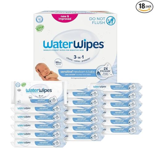 WaterWipes Sensitive+ Newborn & Baby Wipes, 3-In-1 Cleans, Cares, Protects, 99.9% Water, Unscented & Hypoallergenic, 1080 Count (18 Packs)