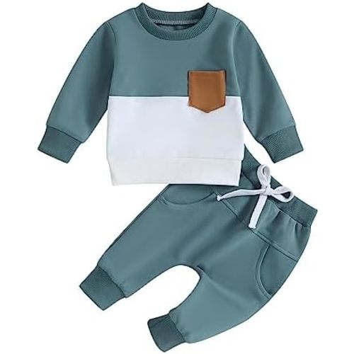 BeQeuewll Fall Winter Toddler Baby Boy Clothes 2Pcs Color Block Crewneck Sweatshirt and Pants Sweatsuit Little Boy Clothing