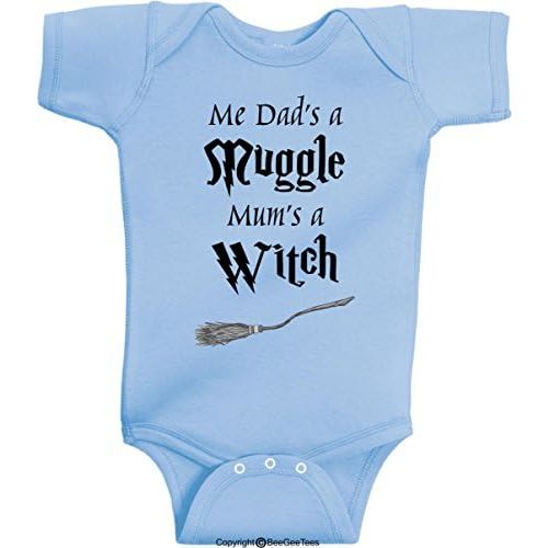 Me Dad's A Mug Mum's A Witch Funny Baby Cute Wizard Bodysuit
