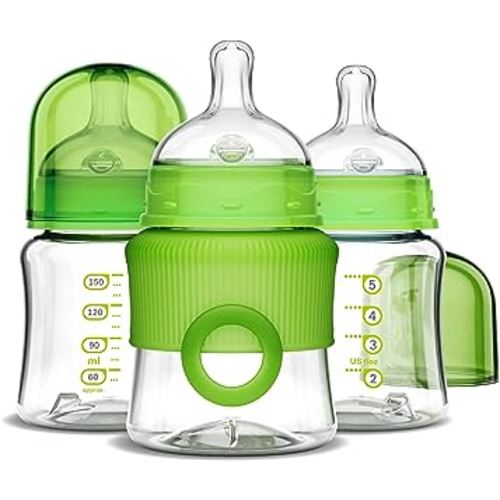 Smilo Baby Bottle Set with Stage 0 Slow Flow Anti Colic Nipple, 5 Oz / 150 ml Capacity, 3X Pack of Anti Colic Baby Bottles 0-3 Months - Green