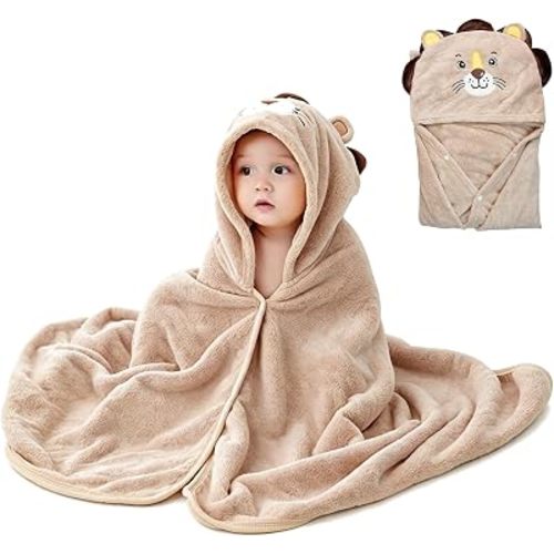 ROMASA Baby Bath Towel Ultra Soft Hooded Towel Highly Absorbent Bathrobe Blanket Toddlers Shower Gifts for Boys Girls-27.5" x 55" (Khaki Lion)