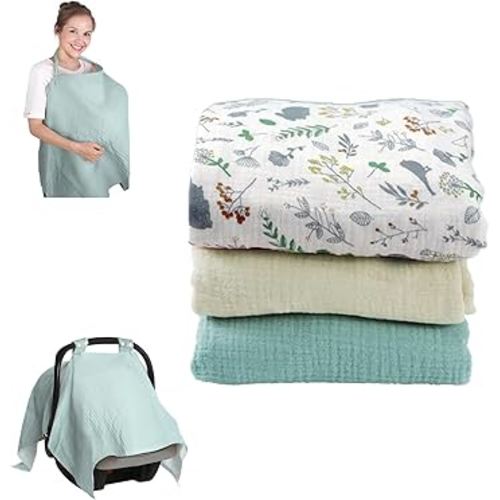 3 Pcs Car Seat Cover Baby Boy Girl Set, Adjustable Double Buckle Carseat Canopy, Plus Size Designed Muslin Carseat Cover, Versatile Full Coverage Nursing Canopy Includes 3 Colors