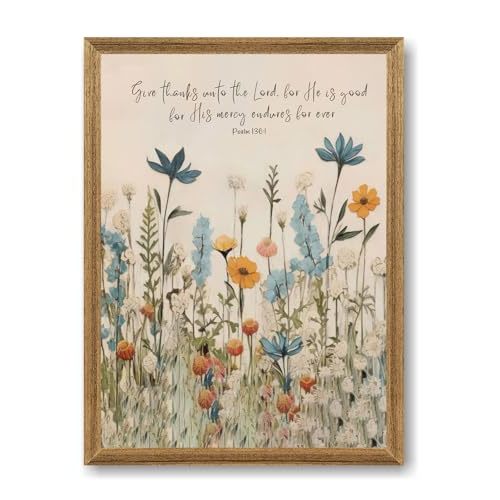 FYLDPSB Floral Bible Verse Wall Art - Gratitude Scripture Home Decor Inspirational Psalm 136:1 Canvas Print with Wood Frame, Ready-to-Hang Christian Gift for Home and Office 12x16 Inchs