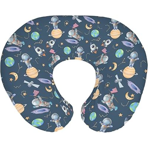 Navy Outer Space Astronaut Planets Baby Nursing Pillow Covers for Boy Girl Spacemen Galaxy Ship Moon Stars Nursery Pillowcase for Breastfeeding Pillows Cosmos Soft Stretchy Slipcovers for Newborn