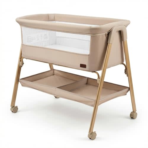 Baby Bassinet, Bedside Bassinet for Infant, Bassinet Bedside Sleeper with Mattress, Storage Basket 4 Auto-Lock Wheels, Full-Mesh Sides, Bed Side Mini Crib for Newborn (1, Beige)