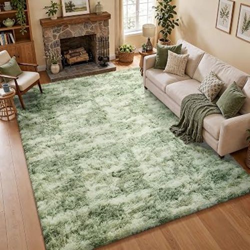 Ophanie 8x10 Green and White Area Rugs for Living Room,Large Sage Green Fluffy Shag Fuzzy Plush Soft Carpets, Floor Shaggy Rugs for Bedroom, Carpet for Kids Girls Dorm Nursery Home Decor Aesthetic