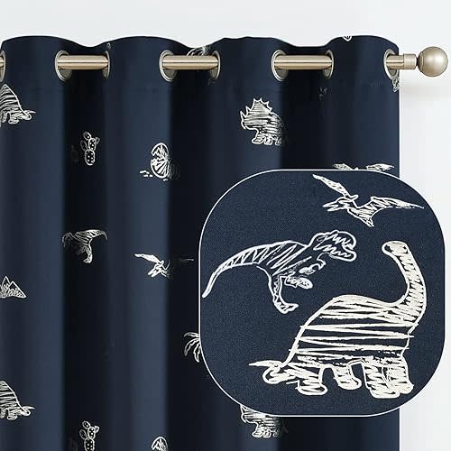 Vangao Kids Curtains Navy Blue Blackout Dinosaur Curtains for Boys Kids Nursery Girls Room Silver Dino Foil Print Thermal Insulated Drapes Grommet Top Window Treatments 63 Inches Length 2 Panels