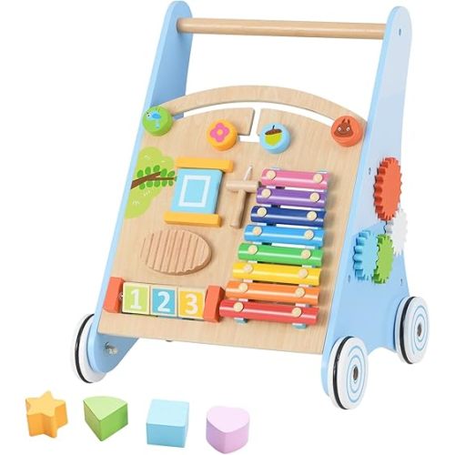 INFANS Wooden Baby Walker, Montessori Walker with Multiple Activity Toys, Storage, Push Walker Toys for Infant Learning to Walk, Sit to Stand Walker for Boys Girls Aged 3+ Years (Blue)