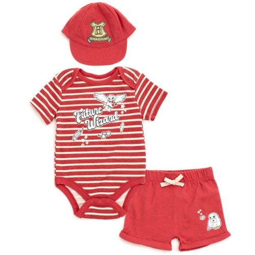 Harry Potter Hedwig Newborn Baby Boys Bodysuit, Shorts and Baseball Cap 3 Piece Outfit Set Maroon Red 0-3 Months