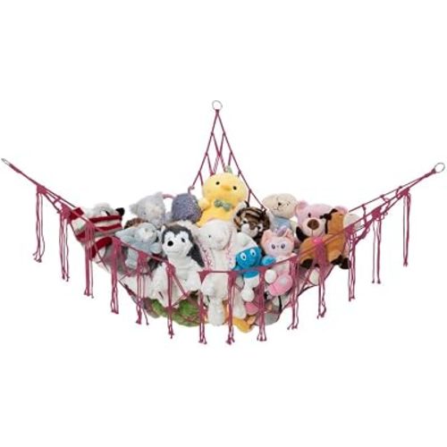 Stuffed Animal Storage Macrame Hammock, Large - Boho Room Decor Toy Storage - Corner Hanging Plushie Stuffed Animal Net Organizer (Pink)