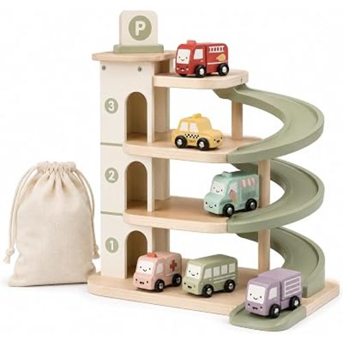 Juju Tiered Wooden Display Sculpture – Three-Tier Beechwood Spiral Tower with 6 Hand-Painted Animal Figures – Pastel Desk and Shelf Décor Accent for Adults – Cotton Storage Pouch