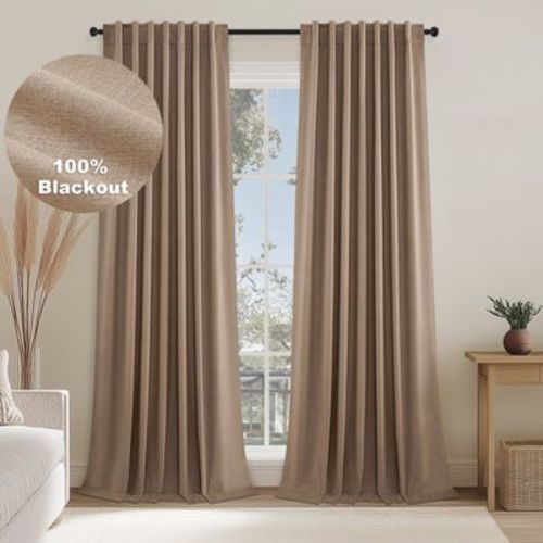Linen 100% Blackout Curtains & Drapes 84 Inch Length 2 Panels Set, Flax Linen Room Darkening Soundproof Curtains for Bedroom Living Room