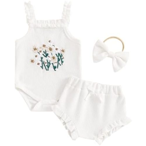 Newborn Baby Girl Summer Clothes Floral Embroidery Hater Romper Bloomers Shorts Set Headband Cute Baby Girl Outfit