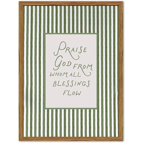 Framed Christian Wall Art, Praise God From Whom All Blessings Flow Scripture Pictures Wall Decor, Sage Green Striped Bible Verse Paintings Canvas Prints Religious Home Decor for Living Room 16x24 inch