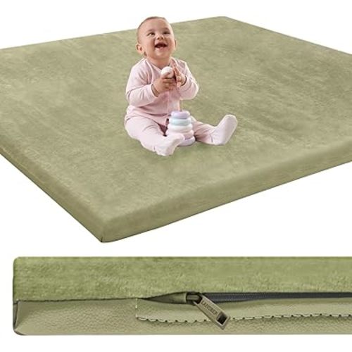 Padded Baby Play Mat for Floor,1.2" Thick 50x50 Play Crawling Mat with Removable Washable Cover,Non Slip Soft Nursery Rug for Toddlers,Infants,Kids, Easy to Clean Yoga Mat, Sage Green