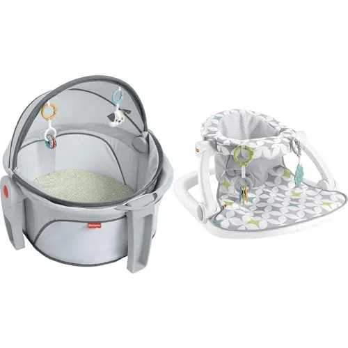 Fisher-Price Baby Portable Bassinet and Play Space On-The-Go Baby Dome & Portable Chair Sit-Me-Up Floor Seat with Developmental Toys & Machine Washable Seat Pad, Starlight Bursts