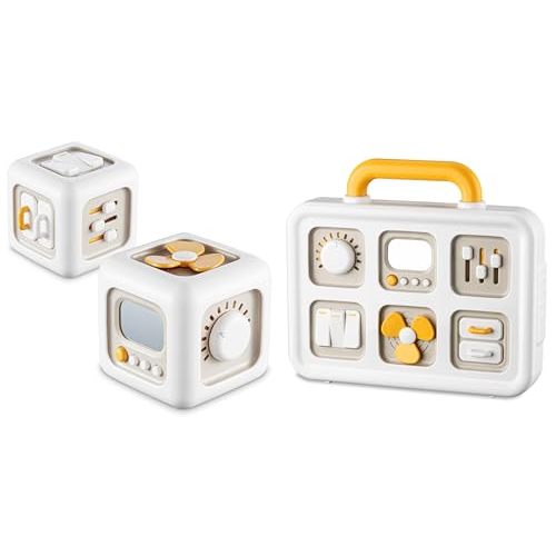 SOCBTNSO Busy Toys, 1 Montessori Cube & 1 Busy Activity Board, Learning Fine Motor Skills for 1 Year Old