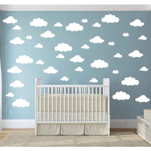 31pcs White Cloud Wall Decals – Mixed Sizes 4-10in Floating Vinyl Stickers for Baby Nursery, Kids Bedroom, Ceiling or Playroom – Removable DIY Home Mural Wall Art Decor YYU-14 (White)