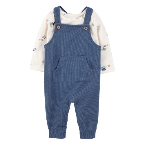 Baby 2-Piece Long-Sleeve Tee & Waffle Knit Coverall Set - Blue/White
