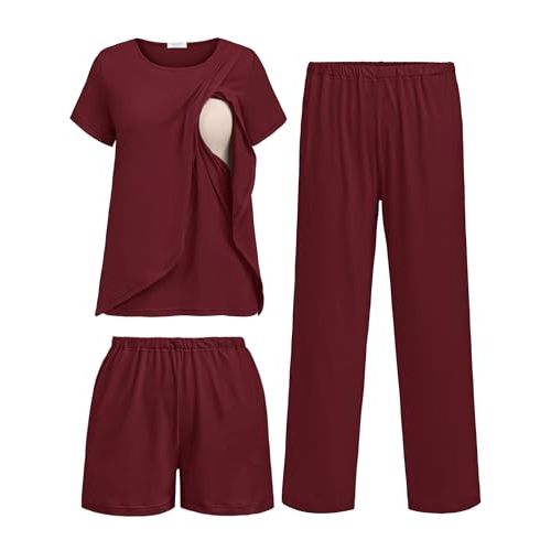 Ekouaer 3 PCS Maternity Nursing Pajamas Set Postpartum Breastfeeding Short Sleeve Shirts, Pregnancy Shorts & Pants Pjs S-XXL