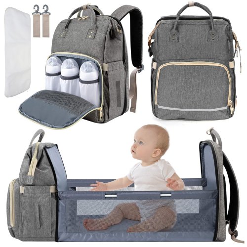 Large Upgrade Diaper Bag Backpack Foldable Travel Baby Bed with Changing Station,Crib Diaper Backpack,Multifunctional Waterproof Portable Baby Bag, Portable Bassinet For Baby Bed, Black/Gray