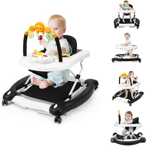 Baby Walker, 5-in-1 Baby Walkers for Boys and Girls 6-12 Months with Bouncer, Removable Footrest, Feeding Tray & Music, Foldable & Adjustable Activity Walker for 6-18 Months Toddler Infant