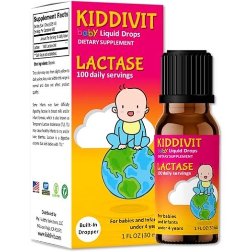 Kiddivit Baby Lactase Drops 1000 Units – Gentle Digestive Support Enzyme Supplement – 100 Daily Servings – Built-In Dropper, Glass Bottle – Gluten Free, Vegetarian, 1oz