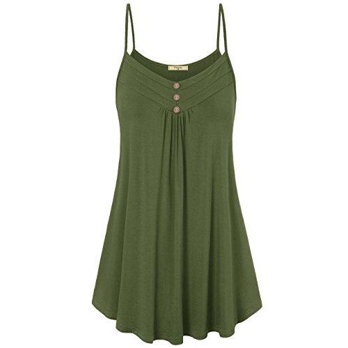 Viracy Women's Summer Button V Neck Pleated Spaghetti Strap Camisole Tank Tops (M-3XL)