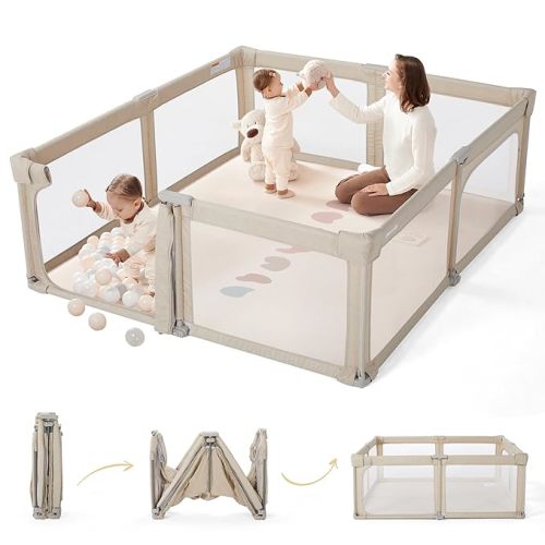Sweeby Baby Playpen, 79x71 Inch Baby Gate Playpens for Babies and Toddlers, Extra Large Playpen with Door Play Yard for Fence Indoor and Outdoor Play Pen, Oat Khaki