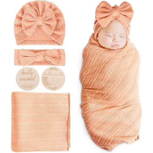 BQUBO Baby Swaddle Blankets for Girls, 4PCS Newborn Accessories Set with Hat and Bow Headband with Hello World Wooden Birth Announcement Card, Baby Blankets for Girls