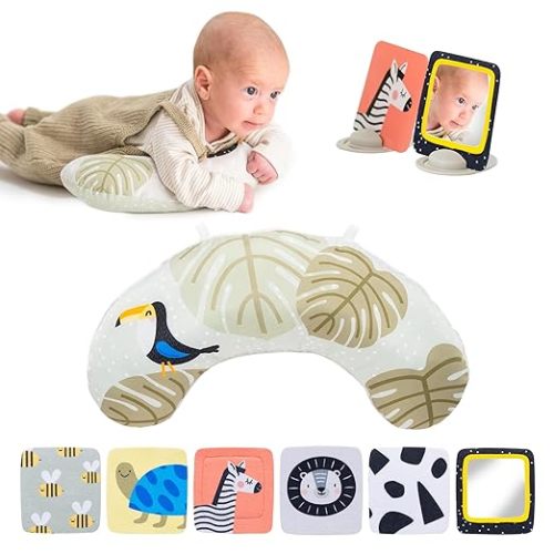 Taf Toys Tummy Time Set with Ergonomic Toy, Double-Sided High Contrast Black & White Flash Cards & Mirror Card, Developmental Baby Play Mat Accessories & Card Stands for Newborn Infant Tummy Time