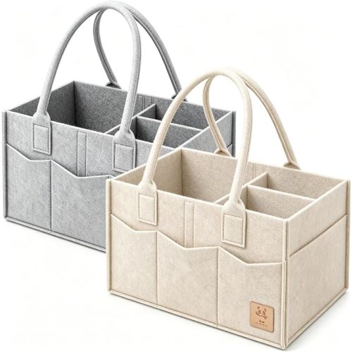 HIPHOP PANDA 2-Pack Diaper Caddy Organizer - Newborn Essentials Baby Registry Must Haves - Sturdy Nursery Storage Bin & Portable Car Caddy for Diapers & Wipes - Grey/Oatmeal Gift Set